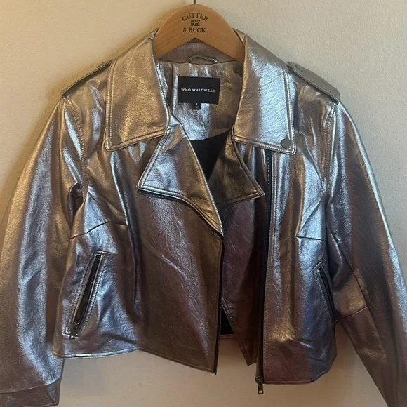 Who What Where Vegan Leather Moto Jacket Silver Womens Size X Long Sleeve - Picture 2 of 11